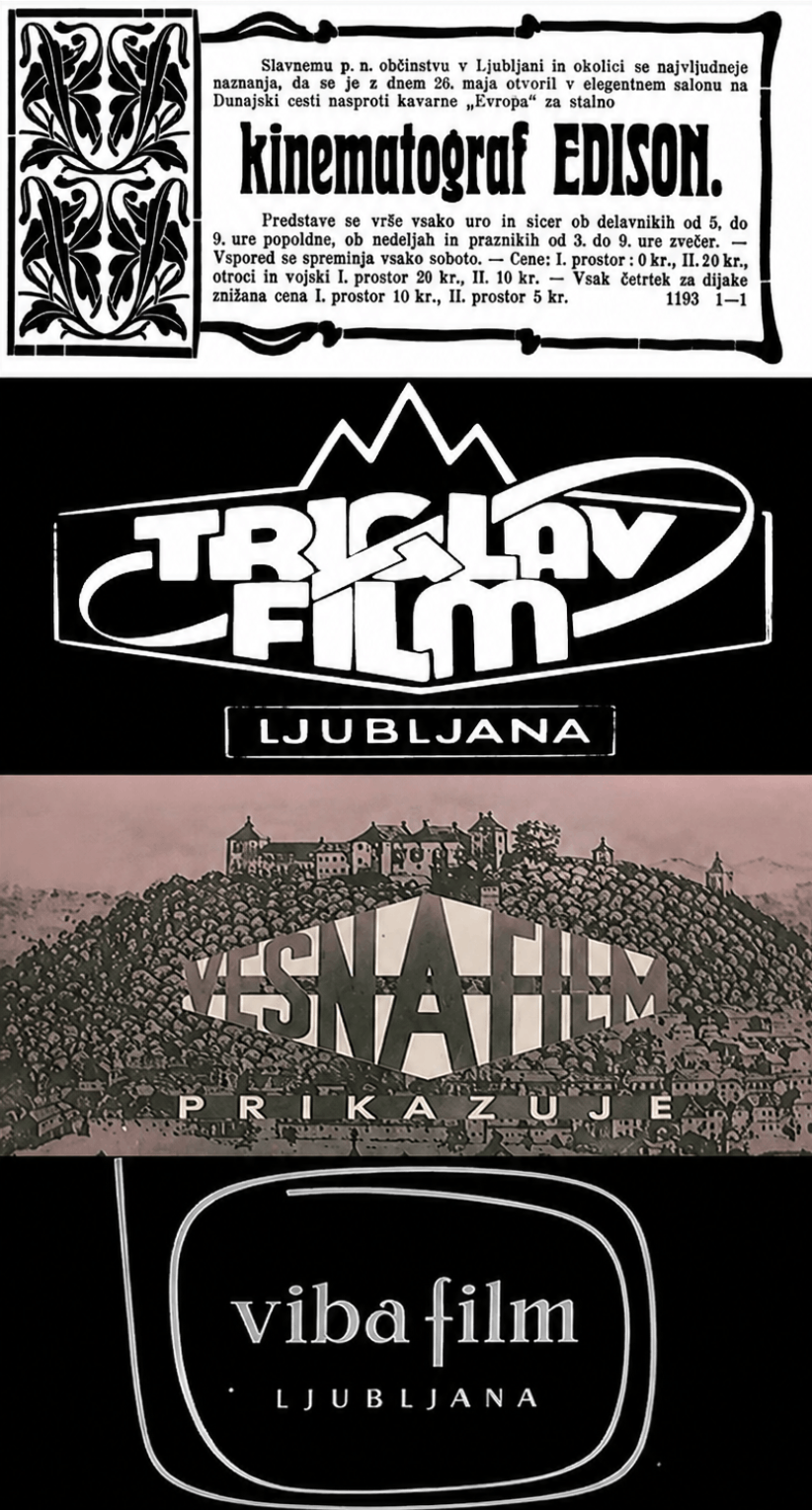 Kolaž zgodnjega slovenskega filmskega sistema: Kinematograf Edison, Vesna film, Triglav film in Viba film